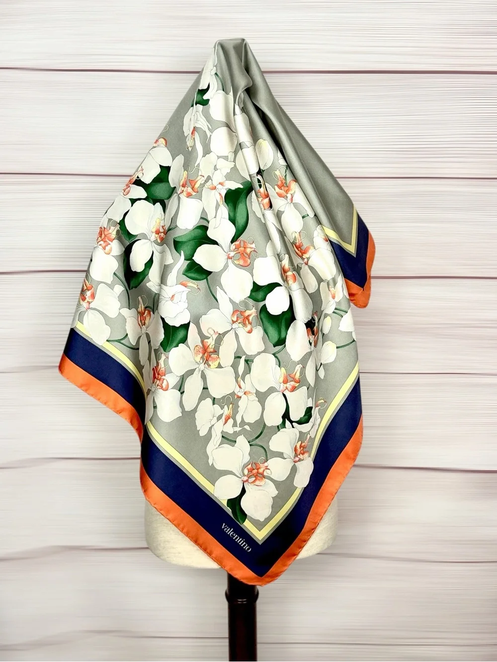 Valentino Twill Silk Scarf Gray with White Orchids